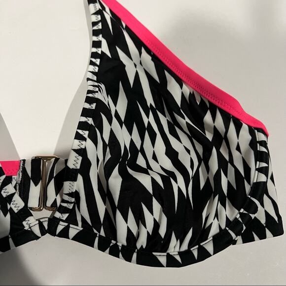 Victoria’s Secret Geometric Halter Black White Pink Trim Swim Bikini Top 32DD - Picture 2 of 9